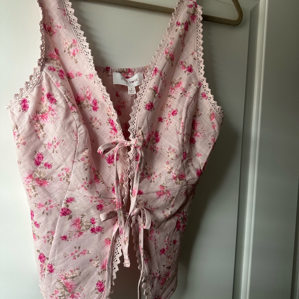Pink Rose Pink Floral Lace-Trim Tie-Front Tank - Picture 3 of 7